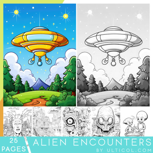 Aliens on Earth Grayscale Coloring Pages