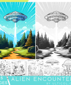 25 Alien Encounters Grayscale Coloring Pages