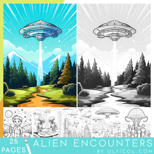25 Alien Encounters Grayscale Coloring Pages