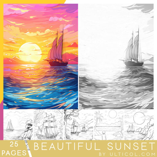 Beach Sunset Grayscale Coloring Pages