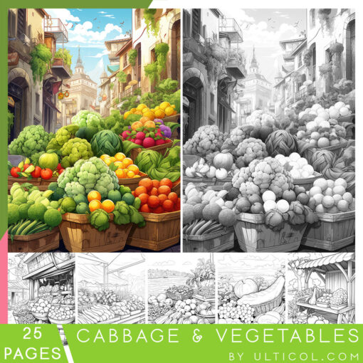 Cabbage and Vegetables Grayscale Coloring Pages