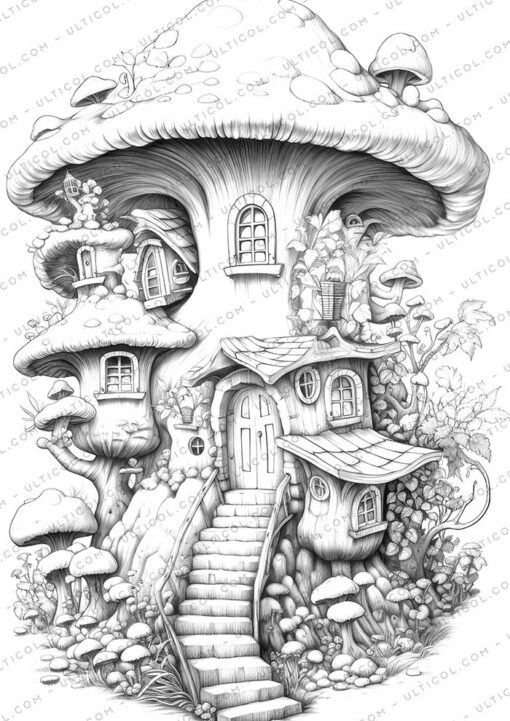 Fairy House Grayscale Coloring Pages