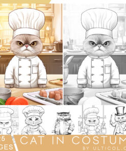 Chef Cat Grayscale Coloring Pages