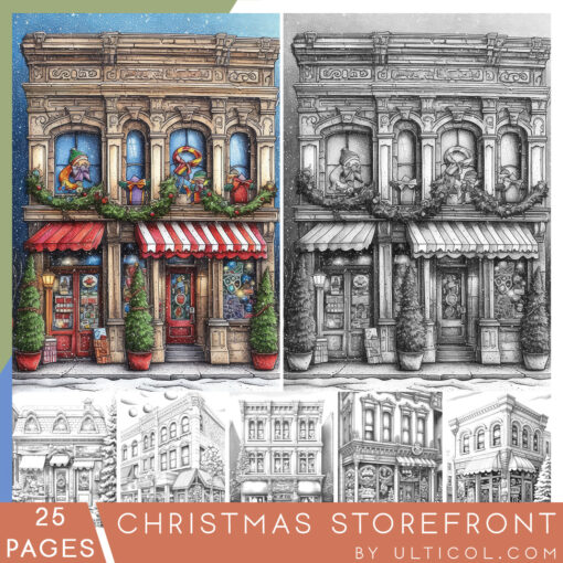 Christmas Storefront Coloring Page Book, Adults + Kids