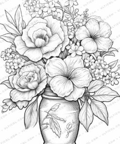 Flower Vase Bouquets Grayscale Coloring Pages