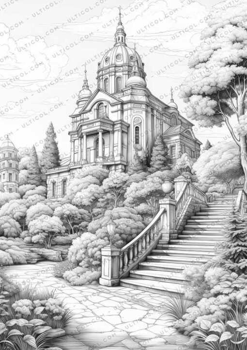 Beautiful Architecture Grayscale Coloring Pages