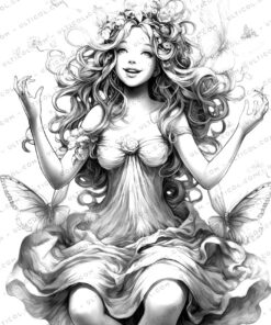 Fairy Queen Grayscale Coloring Pages - Instant Download