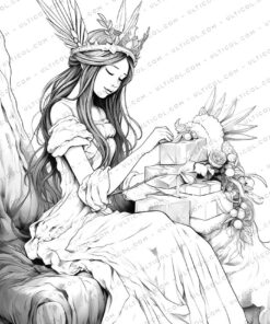 Fairy Queen Grayscale Coloring Pages - Instant Download