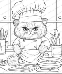 Chef Cat Grayscale Coloring Pages