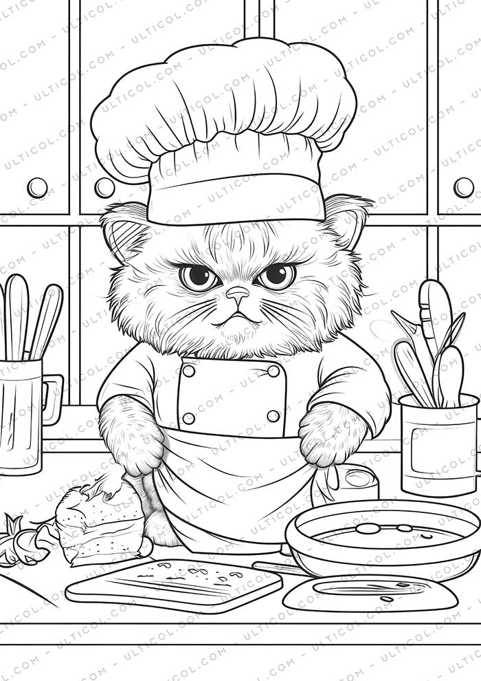 Chef Cat Grayscale Coloring Pages