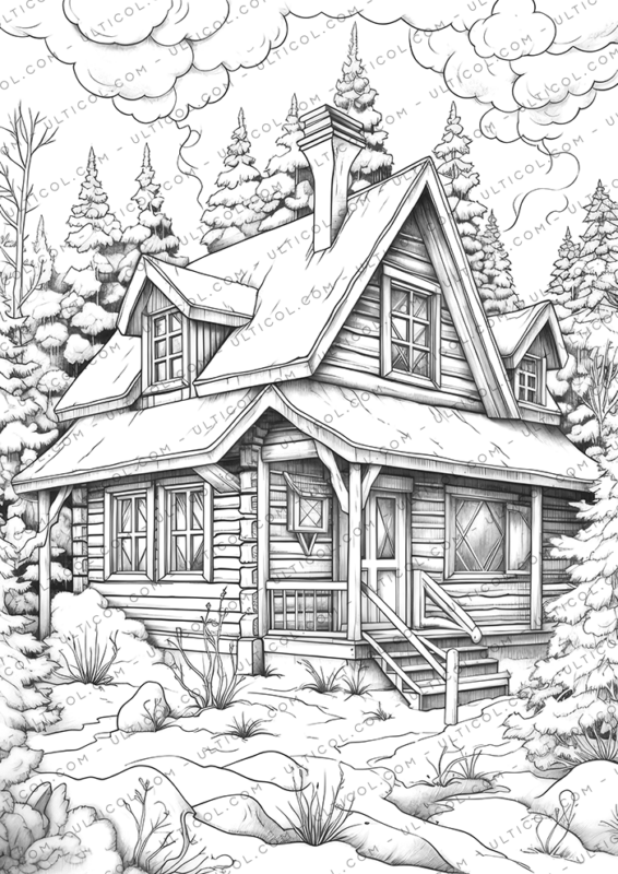 Cozy Cabin Coloring Book for Adults and Kids, Grayscale Coloring Pages ...