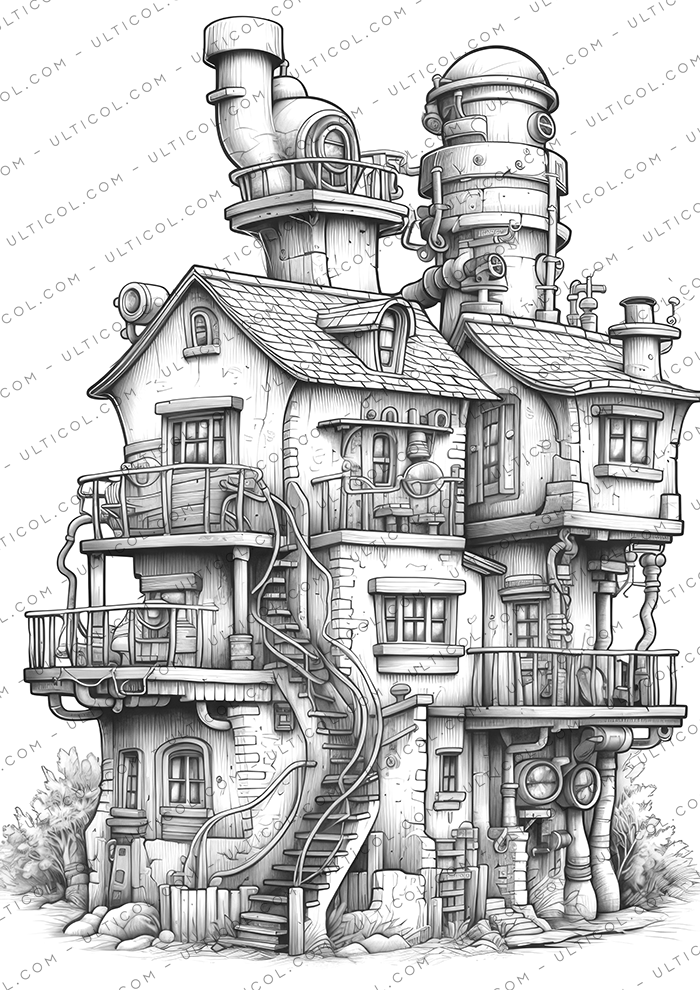 Steampunk Houses Coloring Book