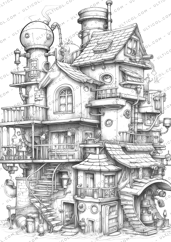 Steampunk Houses Coloring Book