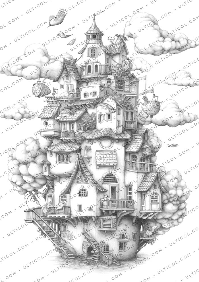 Fantasy Sky House coloring