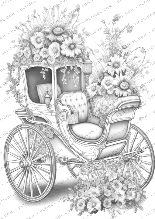 Vintage Flower Carriage Grayscale Coloring Pages