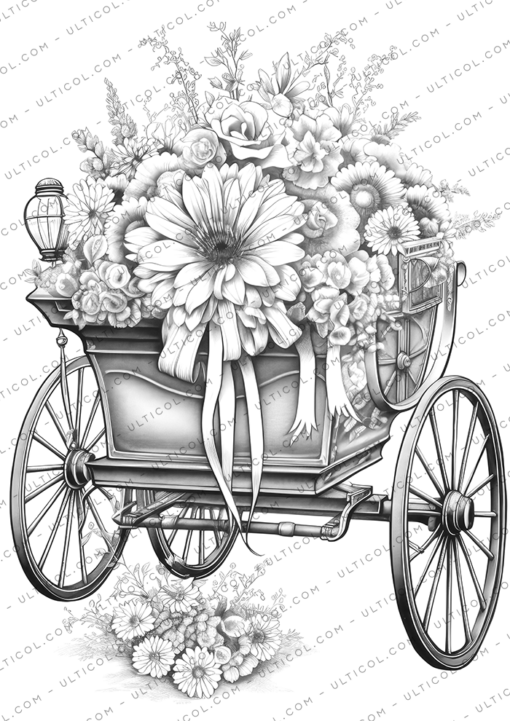 Vintage Flower Carriage Grayscale Coloring Pages