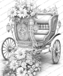 Vintage Flower Carriage Grayscale Coloring Pages