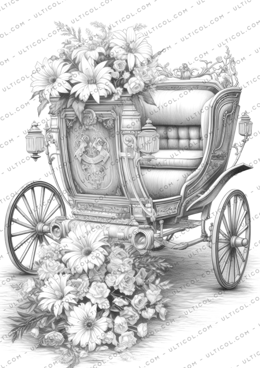 Vintage Flower Carriage Grayscale Coloring Pages