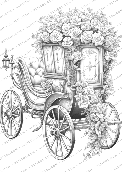 Vintage Flower Carriage Grayscale Coloring Pages