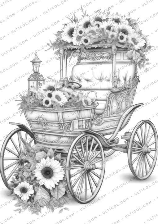Vintage Flower Carriage Grayscale Coloring Pages