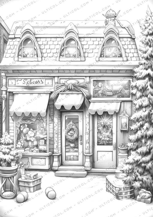 Christmas Storefront Coloring Page Book, Adults + Kids