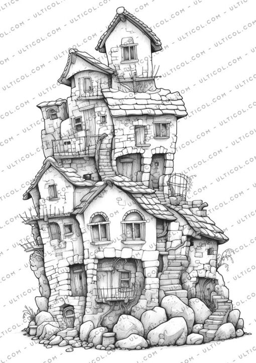 Stone Cottage Houses Coloring