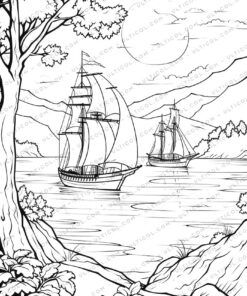 Beach Sunset Grayscale Coloring Pages
