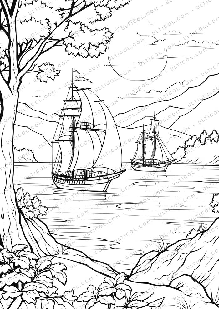 Beach Sunset Grayscale Coloring Pages