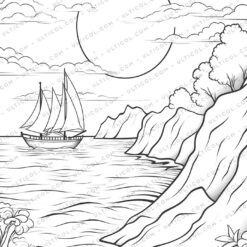 Beach Sunset Grayscale Coloring Pages