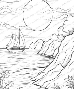 Beach Sunset Grayscale Coloring Pages