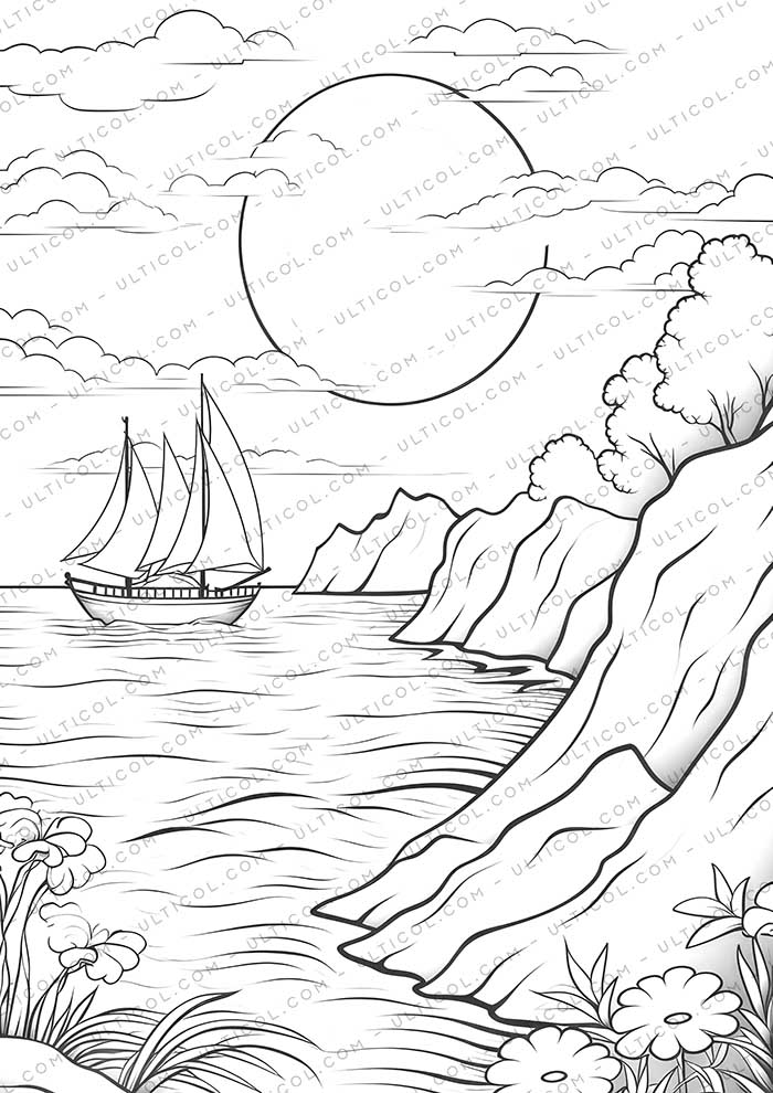 Beach Sunset Grayscale Coloring Pages
