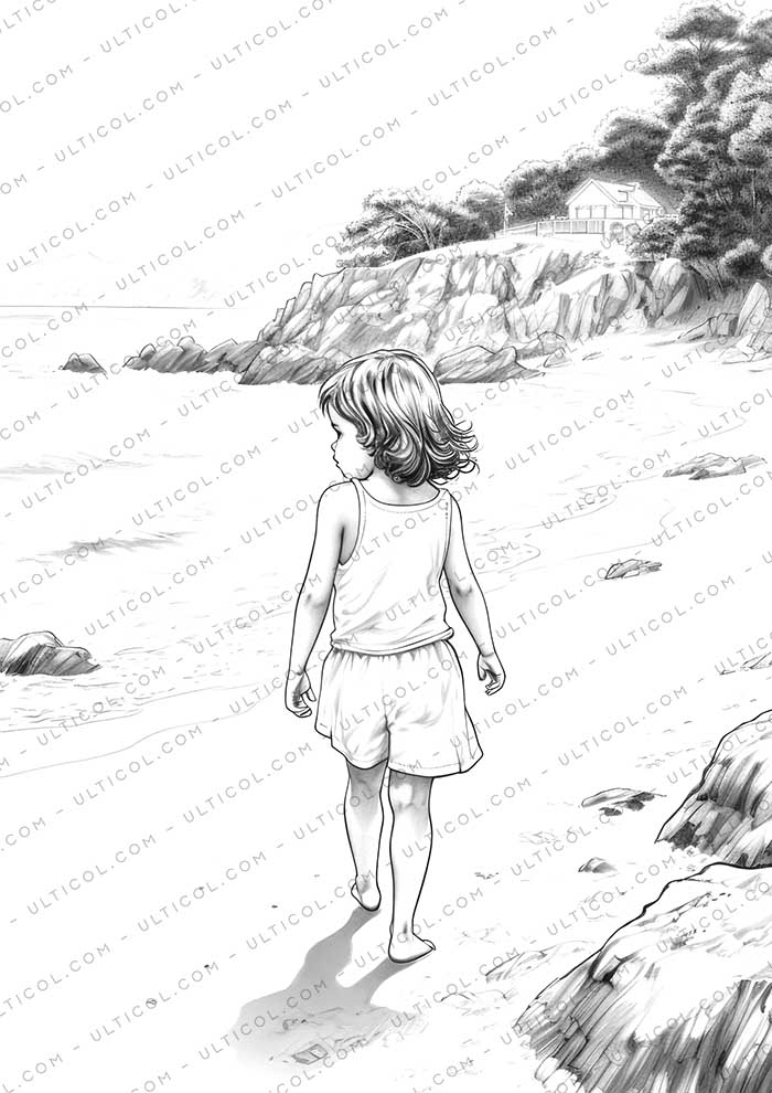 Beach Sunset Grayscale Coloring Pages