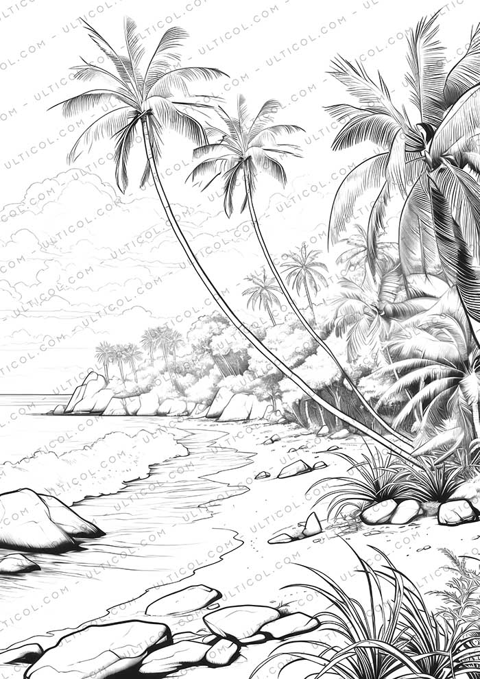 Beach Sunset Grayscale Coloring Pages