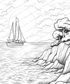 Beach Sunset Grayscale Coloring Pages