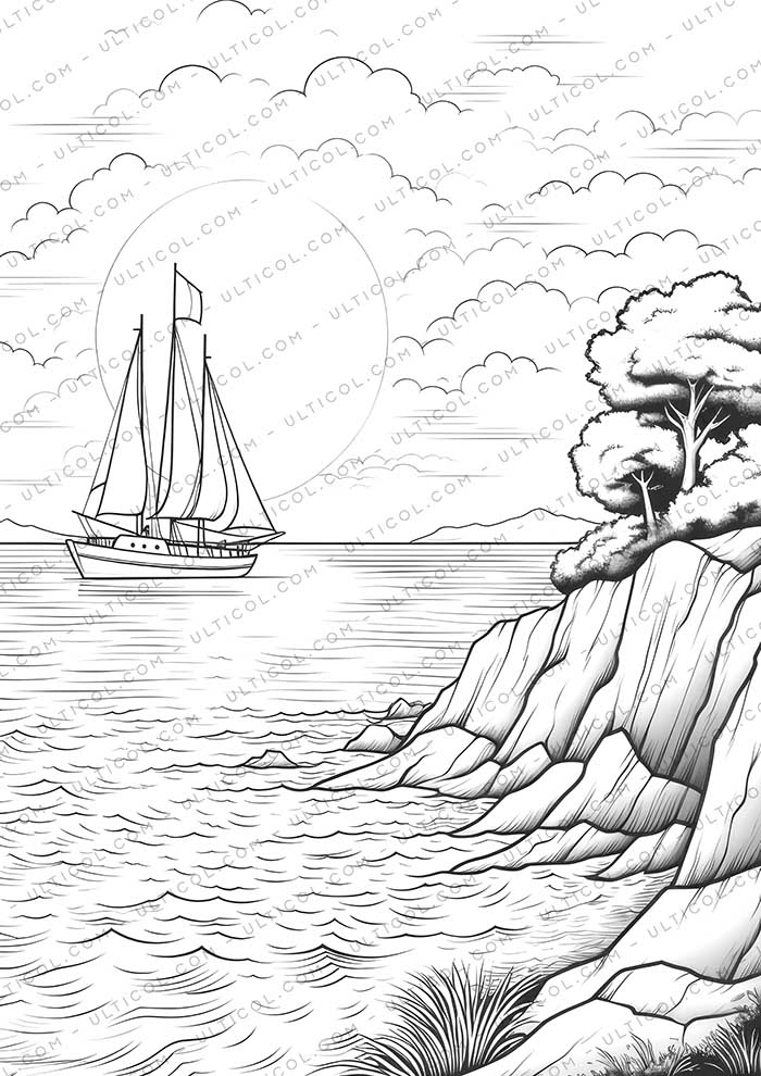 Beach Sunset Grayscale Coloring Pages