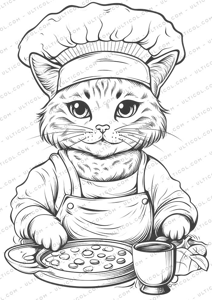 Chef Cat Grayscale Coloring Pages