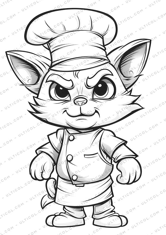 Chef Cat Grayscale Coloring Pages