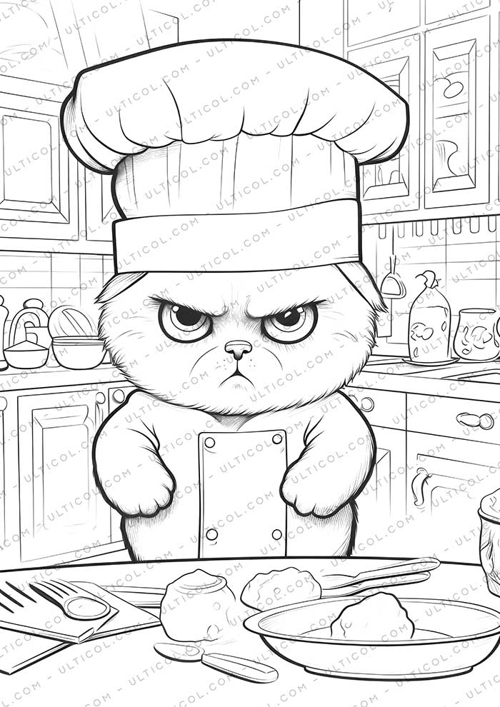 Chef Cat Grayscale Coloring Pages