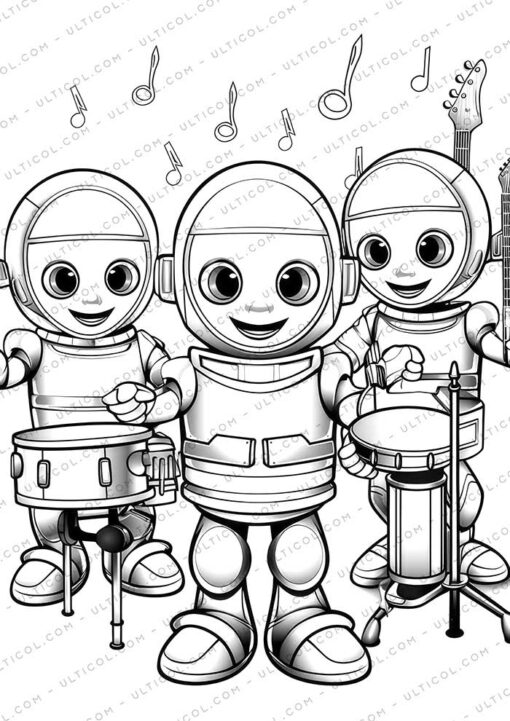 Robot Band Grayscale Coloring Pages