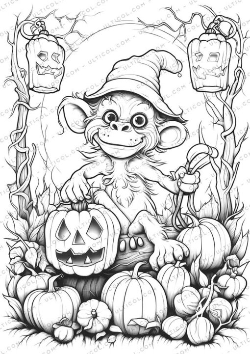 Halloween Monkey Grayscale Coloring Pages