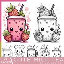 Cute Kawaii Boba Tea Grayscale Coloring Pages