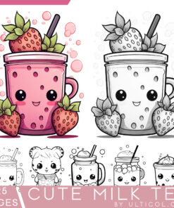 Cute Kawaii Boba Tea Grayscale Coloring Pages