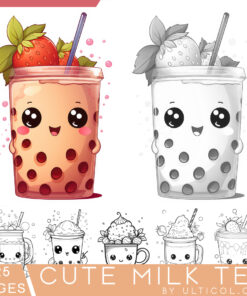 Kawaii Boba Tea Grayscale Coloring Pages