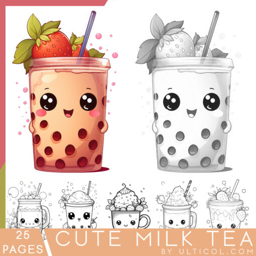 Kawaii Boba Tea Grayscale Coloring Pages