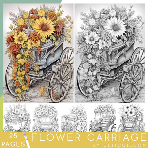 Vintage Flower Carriage Grayscale Coloring Pages