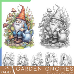 Garden Gnomes Grayscale Coloring Pages