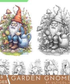 Garden Gnomes Grayscale Coloring Pages