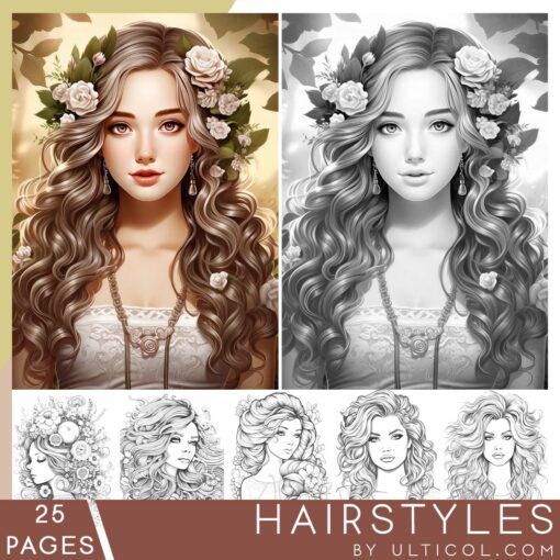 Beautiful Hairstyles Coloring Pages, Instant Download, Grayscale ...