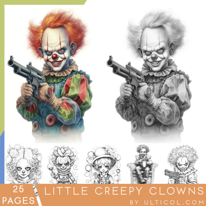 Little Creepy Clowns Coloring Book, Printable PDF, Horror Gothic Clown