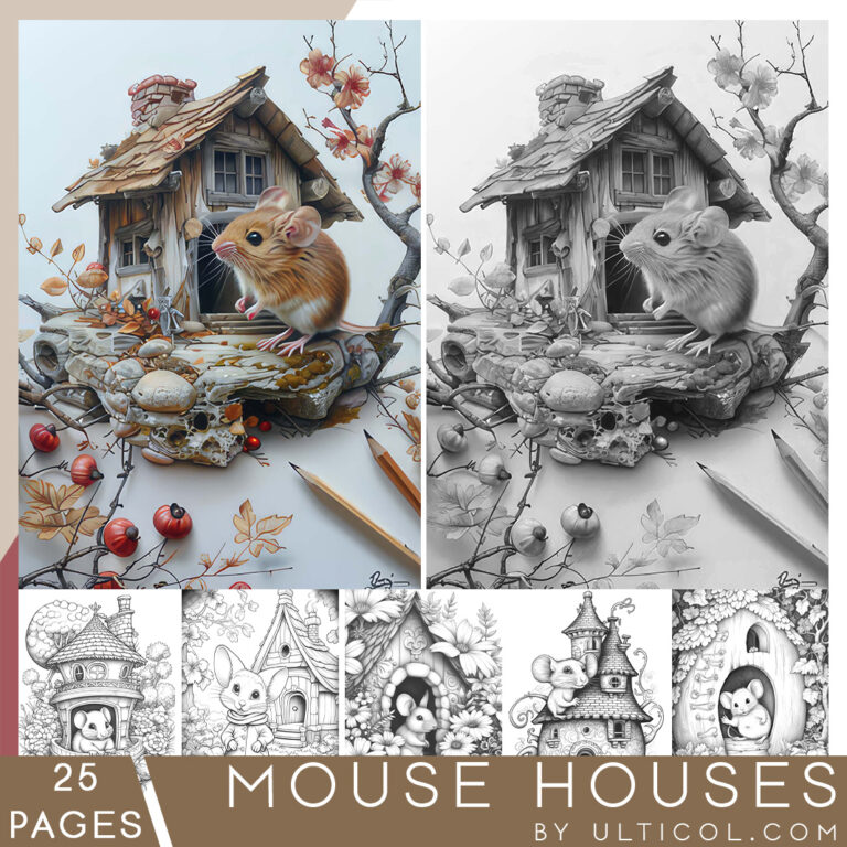 Mouse houses Coloring Book, Adults kids Instant Download -Grayscale ...